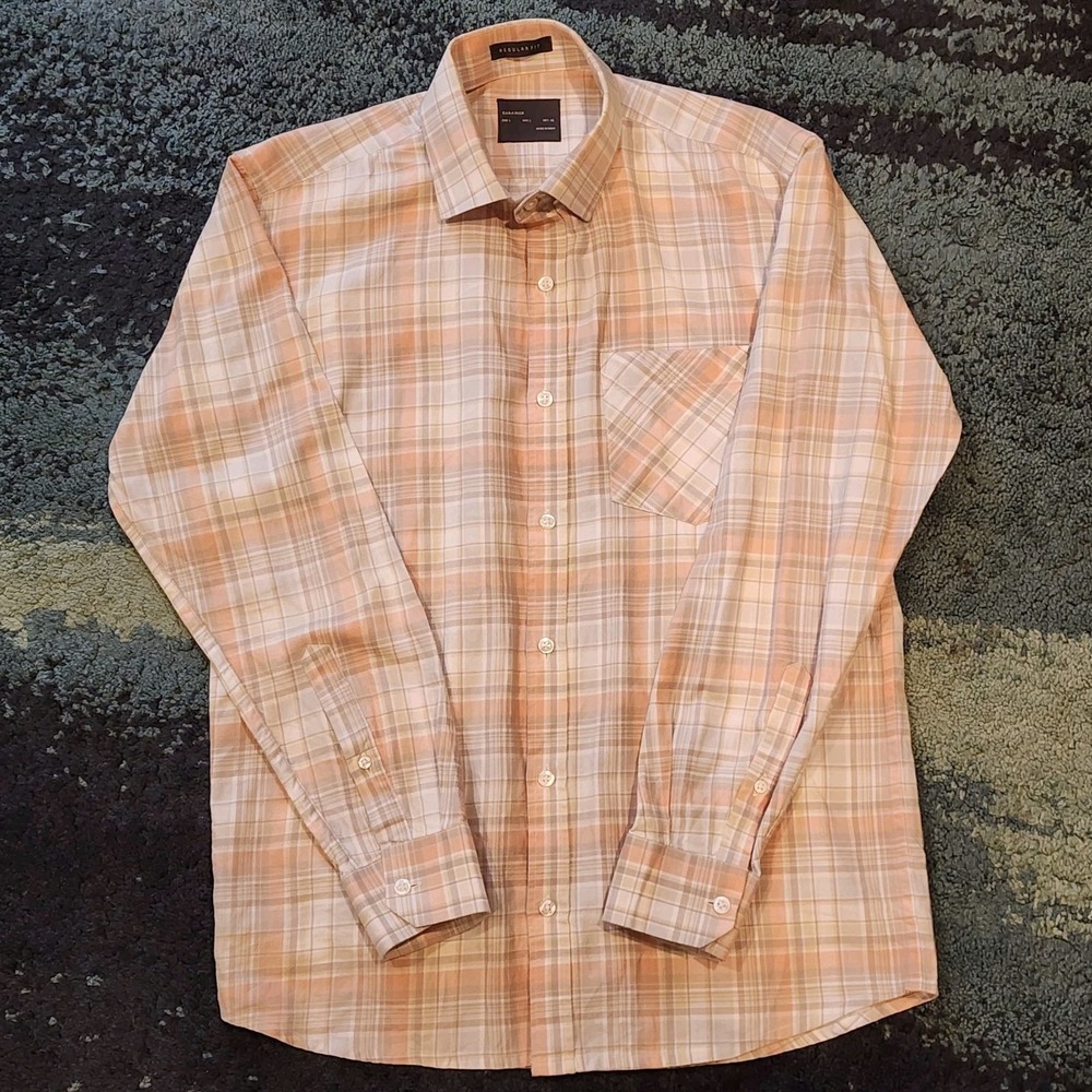 Zara Man Button Down Long Sleeve Shirt Plaid Peach/Cream Size L